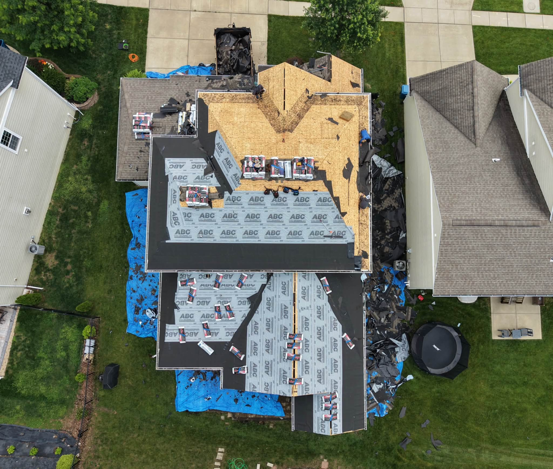 Aerial view of an ECI roof replacement in progress